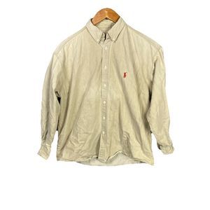Ralph Lauren Shirt Vintage Button Up Mens Size M Beige Solid Long Sleeve Cotton